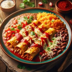 New Mexican flat enchiladas with vegetable chunks and blurred background,High-Quality 16K Photography
