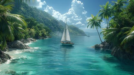 Sarah and Alex's sailboat dances on Caribbean waves, passing by islands adorned with palm trees and turquoise lagoons.