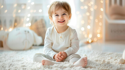 Fototapeta premium Cute cheerful little boy sitting on the carpet in a white playroom in scandinavian style