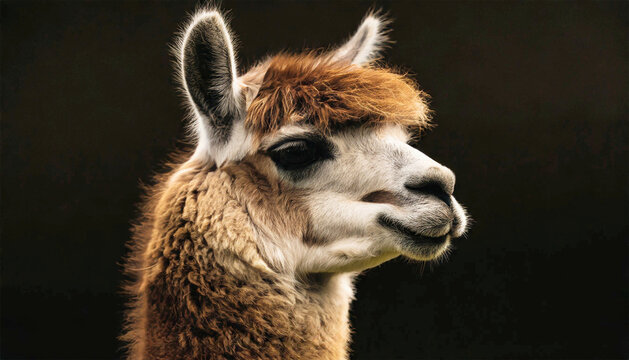 Head profile of a llama isolated on black background.