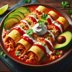 New Mexican flat enchiladas with vegetable chunks and blurred background,High-Quality 16K Photography