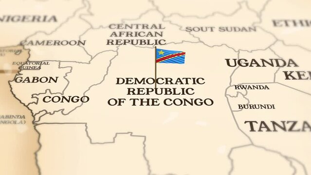 Democratic Republic of the Congo flag showing on world map with 3d rendering