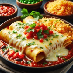 New Mexican flat enchiladas with vegetable chunks and blurred background,High-Quality 16K Photography