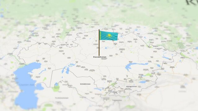 Kazakhstan flag showing on world map with 3d rendering