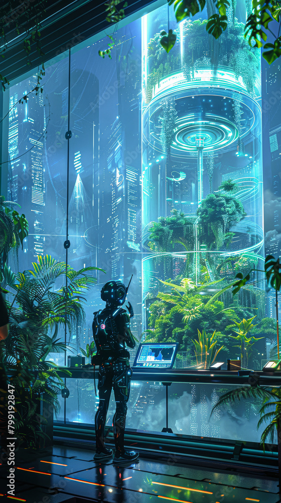 Wall mural a man in a robot suit stands in front of a large glass window in a futuristic building. the building