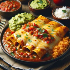 New Mexican flat enchiladas with vegetable chunks and blurred background,High-Quality 16K Photography