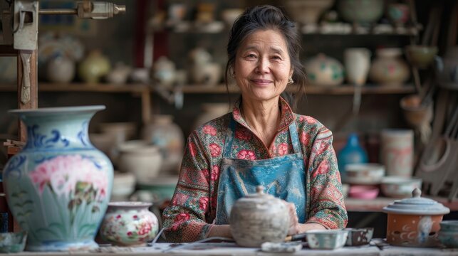 A female potter is sitting in her studio, smiling at the camera. She is wearing a traditional Chinese apron and holding a ceramic vase.
