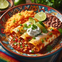 New Mexican flat enchiladas with vegetable chunks and blurred background,High-Quality 16K Photography