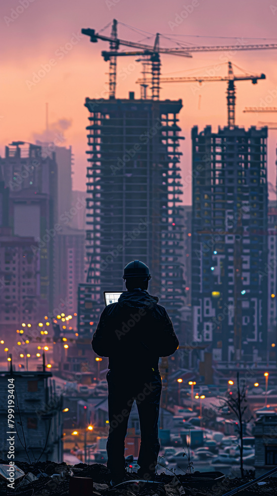 Poster a man is standing on a rooftop looking at a laptop. the city below him is lit up with lights, creati