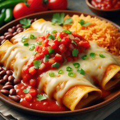 New Mexican flat enchiladas with vegetable chunks and blurred background,High-Quality 16K Photography