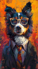 A dog wearing glasses and a tie. The dog is wearing a suit and tie, and it looks like it is posing for a picture