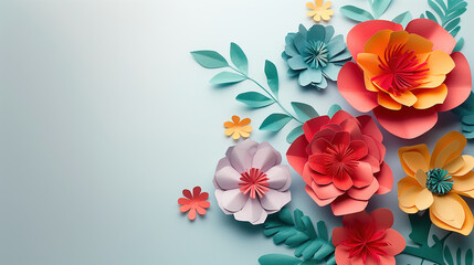 Paper Flowers Arranged on Blue Background