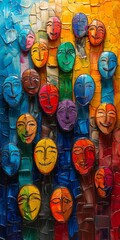 Smiling faces leap against bright colors, symbolizing diverse unity and joyful celebration in dynamic, colorful images. 