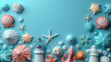 A blue background with a lighthouse and many shells and starfish