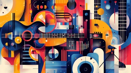 A colorful abstract painting of a cityscape with a focus on music.