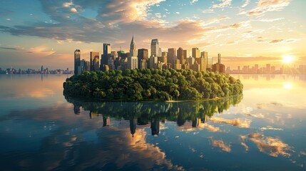 Naklejka premium A beautiful green city surrounded by the ocean. The sky is blue and the sun is shining. The city is full of trees and plants.