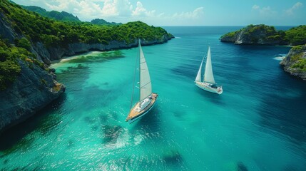 Sun-kissed and carefree, Sarah and Alex sail their boat through Caribbean waters, cherishing the magic of secluded islands. - obrazy, fototapety, plakaty
