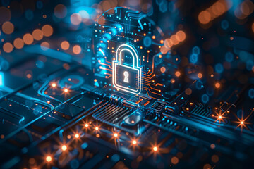 A computer chip with a lock on it. The lock is glowing in the dark. Concept of security and protection