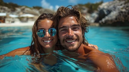 Fototapeta premium The Caribbean sun illuminates Sarah and Alex's joyful faces as they navigate azure waters, blissfully exploring remote islands.