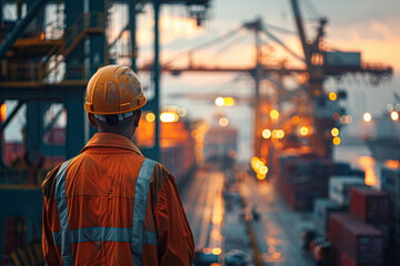 A man in a yellow helmet stands in front of a large crane. The scene is set in a busy port, with many cranes and containers visible in the background