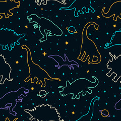 Line art dinosaurs in space seamless pattern. Vector colorful dinos repeat pattern. © cddesign.co