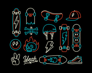 Obraz premium Vector illustrations of skateboard themed line art objects, including lightning, peace hand sign, hat, shoes, skull, hat, helmet and skateboard.