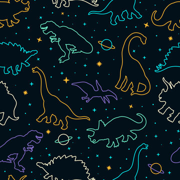 Line art dinosaurs in space seamless pattern. Vector colorful dinos repeat pattern.