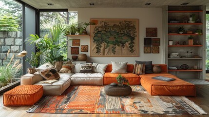 The colorful living room boasts a boucle sofa, a sleek mock-up poster, artful shelves with plants, and personal dÃ©cor accents. 