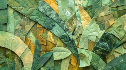 A collage of different textures and shapes inspired by the diverse layers of plant life in a rainforest canopy..
