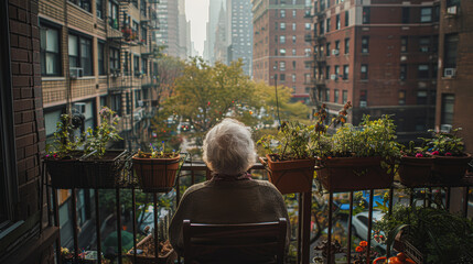 Obraz premium A woman sits on a chair on a balcony overlooking a city. The balcony is filled with potted plants and the woman is wearing a scarf