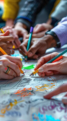 Obraz premium A group of people are drawing on a piece of paper. The drawing is colorful and has a lot of different shapes and lines. Scene is playful and creative, as the people are using their hands to draw
