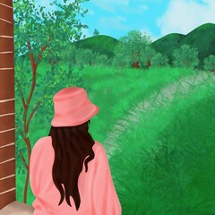 The girl rests in the middle of the verdant fields and gorgeous scenery, absorbing the mood.