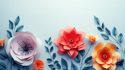 Three Paper Flowers With Leaves on a Blue Background