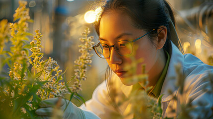 A woman in a lab coat is looking at a plant. She is wearing glasses and has a serious expression on her face