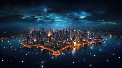 Fototapeta na wymiar A digital painting of a futuristic city at night