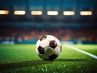 Closeup of a soccer ball on the penalty spot, the stadium empty and anticipation hanging in the air, ideal for a players lounge - obrazy, fototapety, plakaty