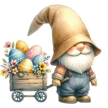A cute gnome pulling a cart full of Easter eggs. The perfect decoration for your home this Easter!