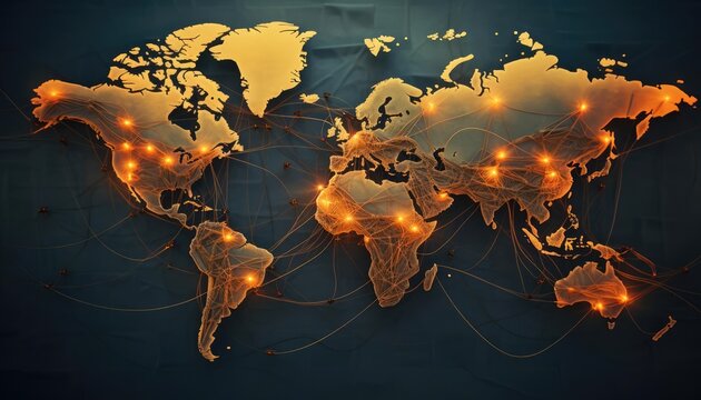 A glowing world map made of orange lights on a dark blue background.