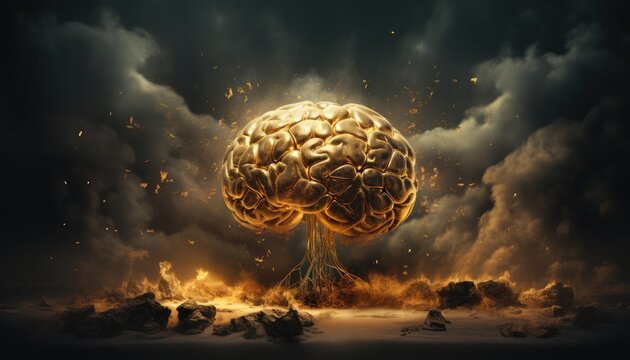 A golden brain explodes in a fiery, stormy sky.