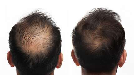 A man with hair loss before and after treatment, on white background. He visited a trichologist.