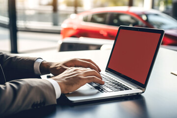 Man working on laptop on background of red car. Online buying and selling auto - obrazy, fototapety, plakaty