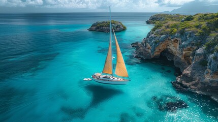 Obraz premium With laughter and love, Sarah and Alex explore Caribbean treasures, their sailboat tracing a path through sun-kissed waters. 