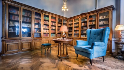 Fototapeta na wymiar studies room with high quality photo of a soft blue armchair and table, bookcase, cabinet, old fashioned furniture table with modern lamp