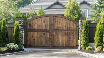 Driveway entrance with a wooden gate at a private residence. Concept Driveway Entrance, Wooden Gate, Private Residence, Home Exterior, Landscaping