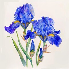 Iris Flower Botanical Illustration, Blue Spring Flowers Realistic Painting, Iris Drawing Imitation