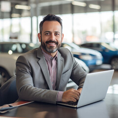 Hispanic Salesman Using Laptop at Car Dealership