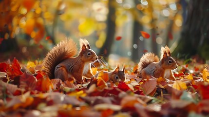 A family of red squirrels playfully chasing each other among the colorful autumn leaves of a dense forest.