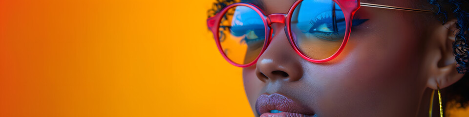 Close up of woman in sunglasses on vibrant yellow and orange background
