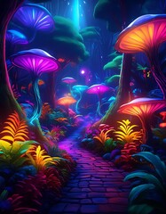 Fototapeta premium A path through a fantasy forest lit up by colorful plants