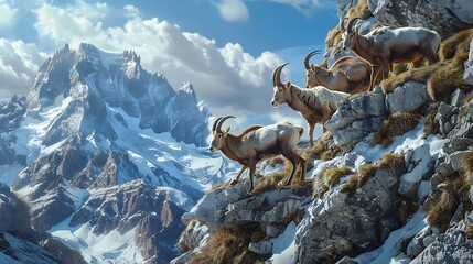 A group of agile ibex scaling a steep mountain cliff with snow-capped peaks in the background.